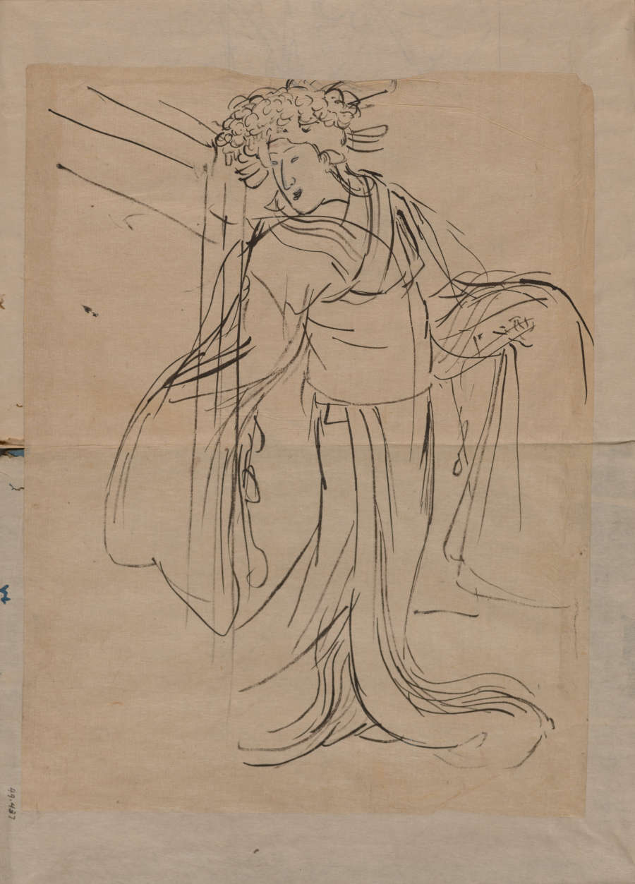 A black ink sketch on beige paper of a woman draped in a flowing elegant robe. She is looking over her shoulder in a pose suggesting motion and grace.