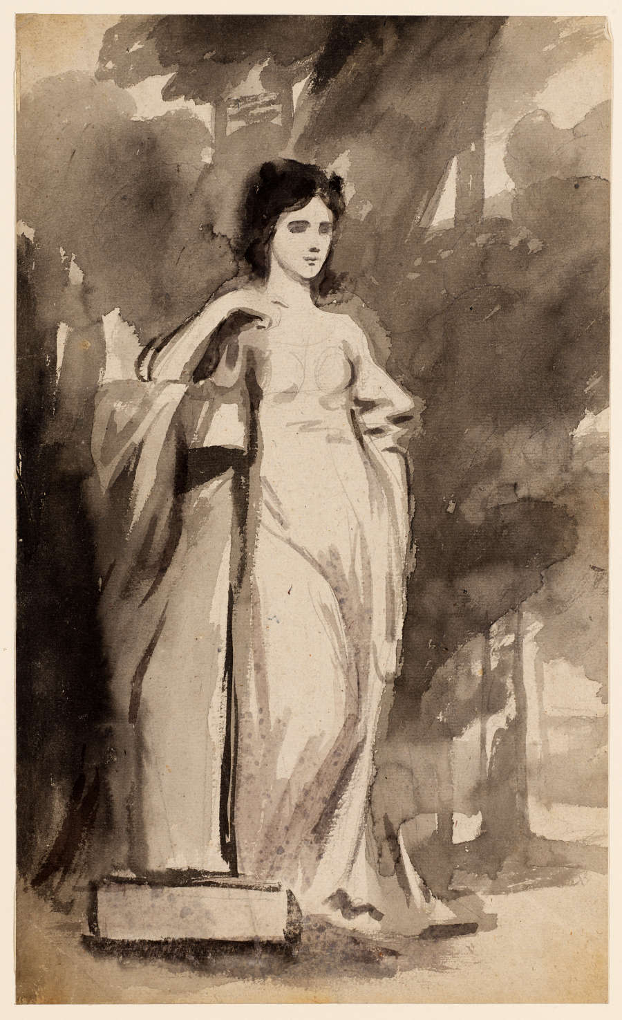 A black ink and wash drawing of a lone female figure wearing a gown leaning against a column. She looks off into the distance. The background is gestural and abstract.