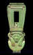 Green glazed amulet of a carved face with calm expression, smooth long hair, and wide rounded neckline wearing a tall headpiece with rectangular hole. 