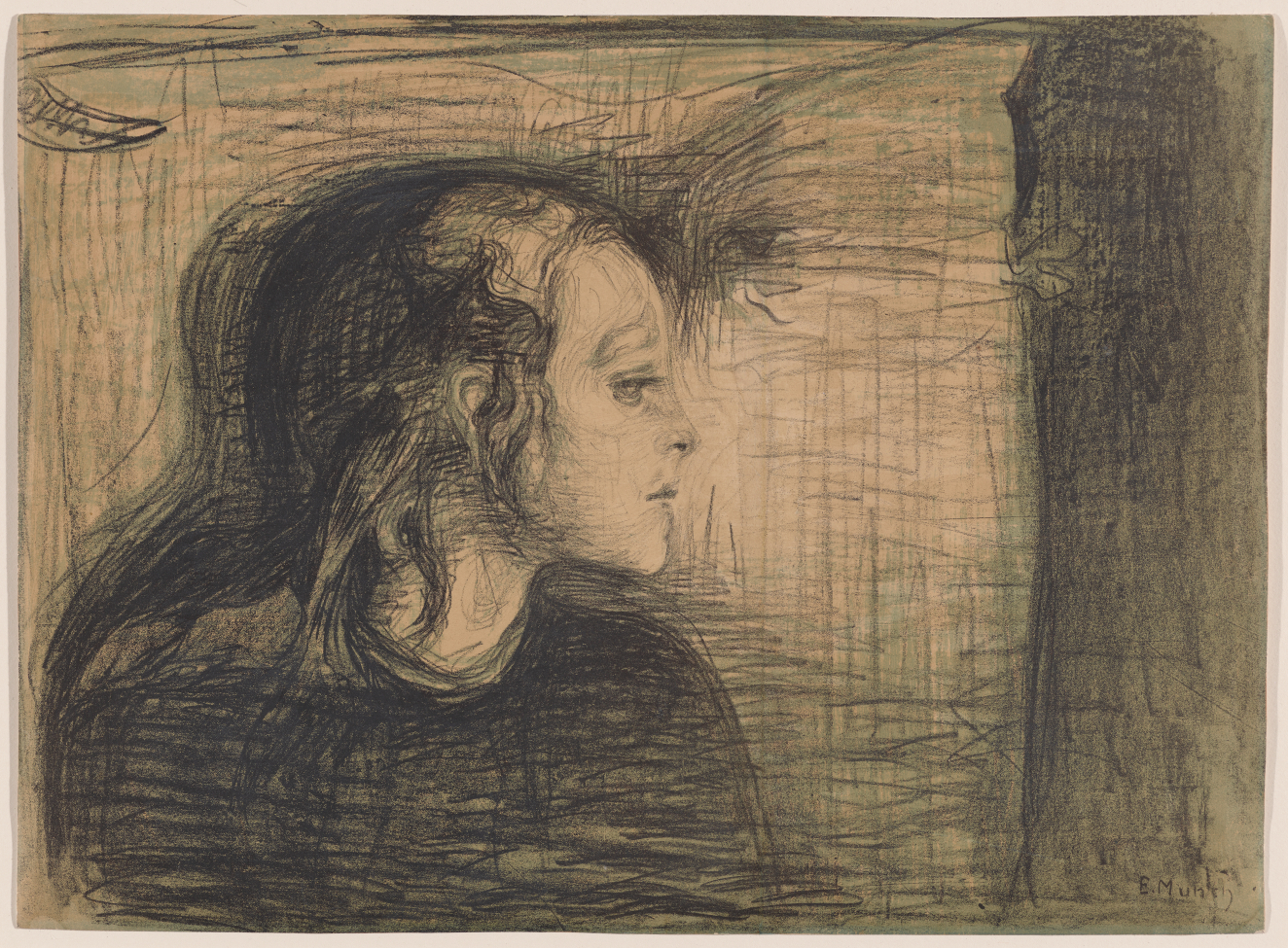Lithograph depicting the delicate profile of a young woman, the artist's sick sister, with thin wavy hair looking to the right towards darkness with soft lighting on her face, against a textured backdrop.