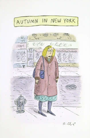 Illustration of a light-skinned woman standing on the sidewalk. With her mouth agape, she wears a long magenta coat. Text at the top reads: “AUTUMN IN NEW YORK.”