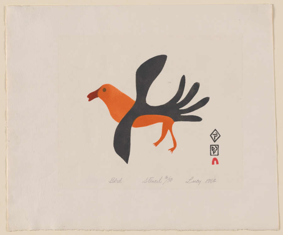 Stylized illustration of a bird with an orange body, solid black feathers and wings, and a red beak on an off-white background. Next to it are symbols and a signature.