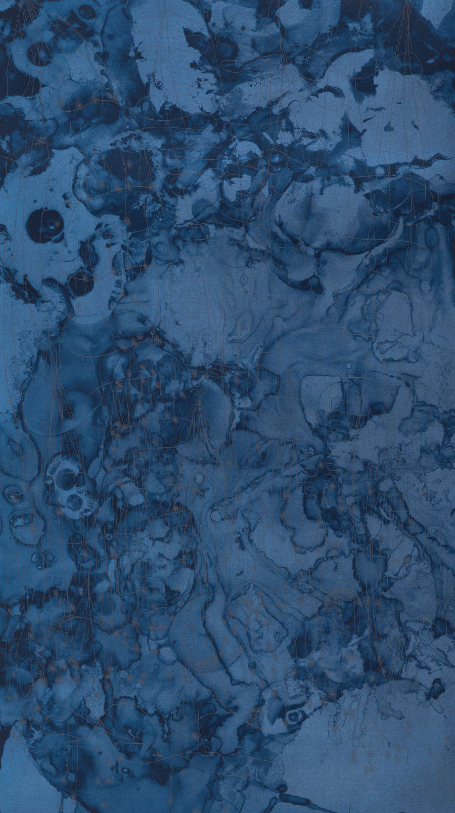 Dark, swirling washes of ink fill the indigo-dyed paper. The bottom half is more intricate and subtle than the top half, which is higher contrast and has larger dark areas. 