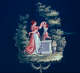 Fragment of a navy blue wallpaper depicting a garden scene of a lady in a red chiton dancing with a child standing on a white marble pedestal.