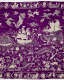Detail from a purple and white embroidered textile depicting many scenes along a trade route, such as sailing ships, laborers and scenes of leisure.