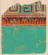 Square with a wide base of teal, a thin stripe of orange and black upside down triangular pattern, and a torn rectangular spiral pattern layered on top.