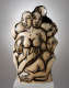 Ceramic sculpture of pale, nude forms intertwined in a tangled cluster of chests, limbs, and faces, outlined with stylized black lines and hatching accenting contours and faces. 