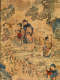 Detail of a group of robed figures standing with one figure riding away on horseback, together on the grassy edge of a cliff, surrounded by trees, clouds, and birds.
