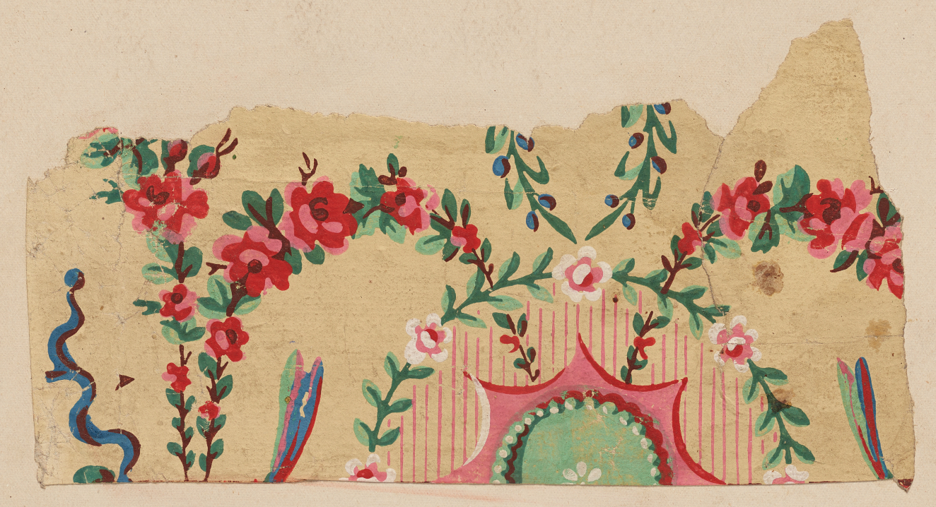Ripped wallpaper with two red flower garlands draping into the center to overlap onto a circular white flower garland, which surrounds a spiky sun-shape with a light green dotted center.