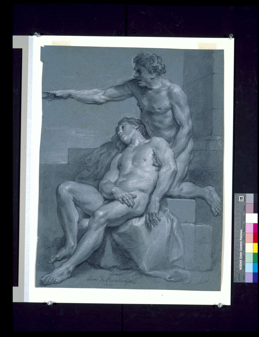 A black and white chalk drawing of two male on blue-toned paper. The figure in the foreground is seated, collapsed backwards onto the man behind him who is pointing leftward.