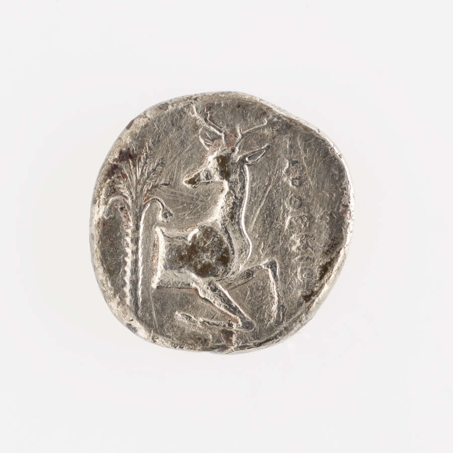 Another side of the rough-edged round silver coin embossed with an image of a deer beside some foliage, with a line of Greek lettering next to it.