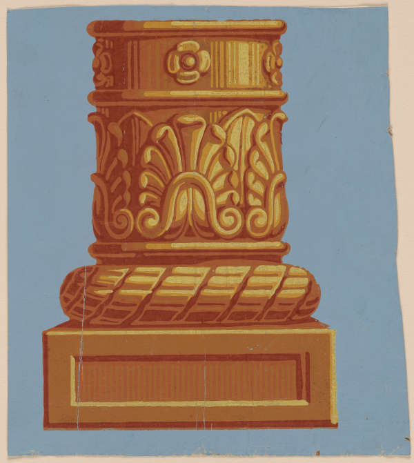 Wallpaper fragment depicting the base of a gold column with floral and scroll patterns, a rounded diagonally striped base and a rectangular foundation. Set against a light blue background.