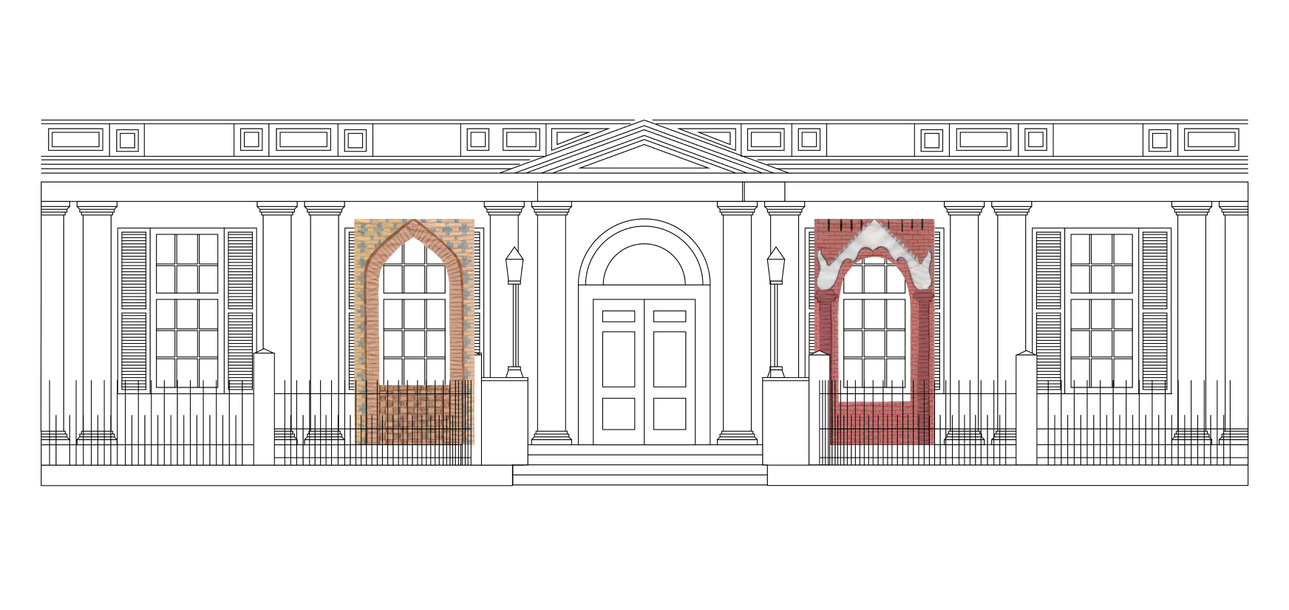 Digital line drawing of a building exterior with double doors flanked by two windows on each side. The two innermost windows have colorful brick panel renderings superimposed onto the line drawing.