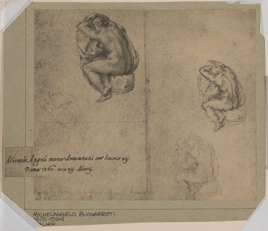 On worn paper, two sketches of a crouching nude figure. One on the left side above a handwritten note, the other slightly smaller along the right edge.