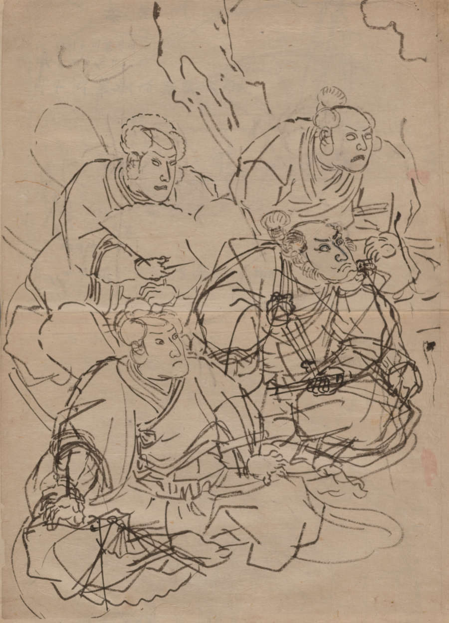 Sketch of an informal gathering featuring four male presenting figures in traditional Japanese attire with expressive faces looking to the right. 