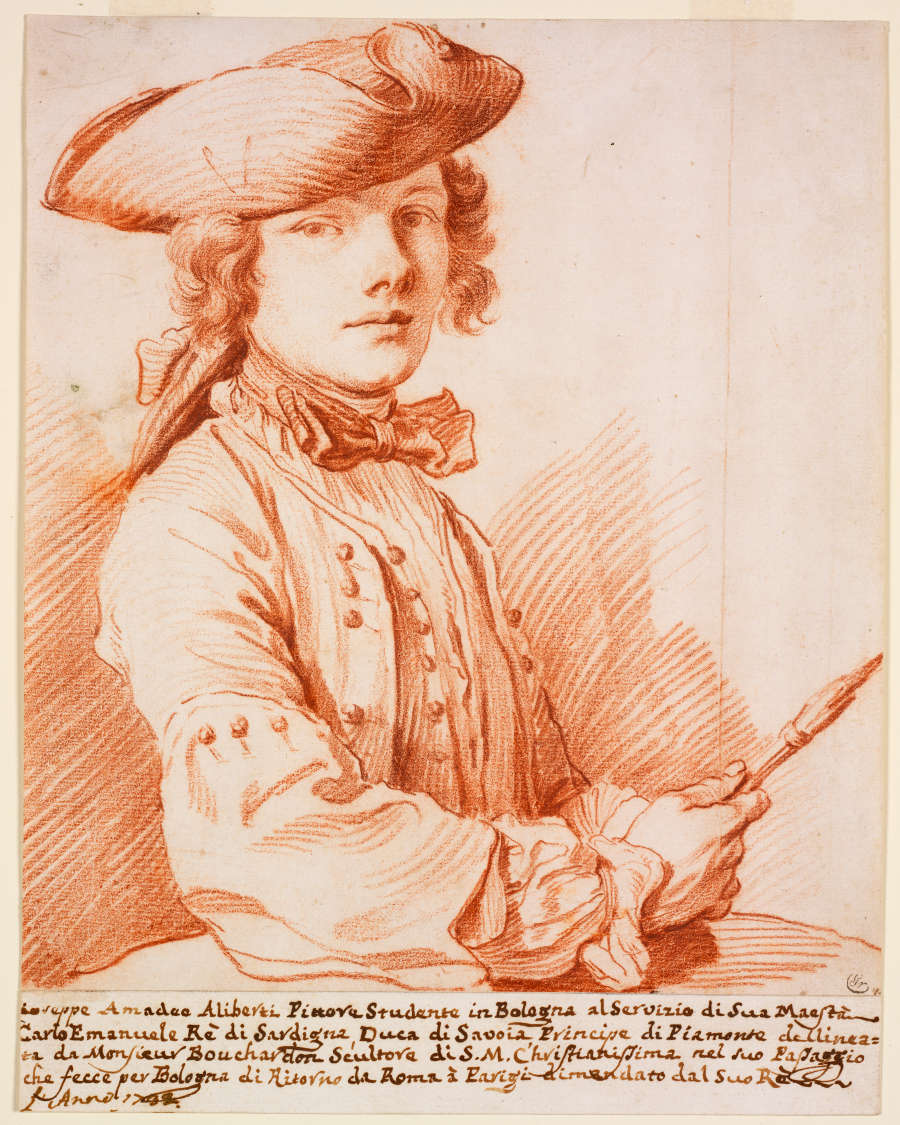 A red chalk portrait of the painter Giuseppe Amedeo Aliberti in red chalk wearing a tri-corner hat. He is standing with his right side facing the viewer, paintbrush in hand. The Italian text at the bottom reads: “Giuseppe Amedeo Aliberti Pinore Studente in Bologna al Servizio di Sua Maestrà Carlo Emanuele Rè di Sardigna, Duca di Savoia Principe di Piamonte dellineata da Monsieur Bonchardon Seultore di S.M. Christianisima rel suo Pasazzio chef ecce per Bologna di Aitorne da Roma à Earigi dimendato dal suo Rà.”