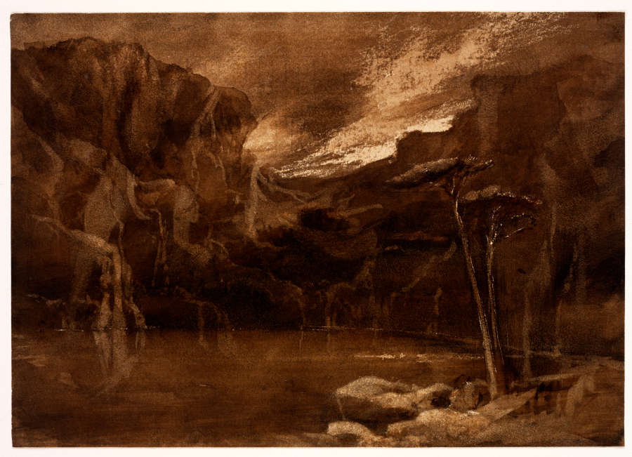 An ink and wash drawing depicting a rocky pond. The two small trees in the lower right are framed by dark mountains and a dramatic sky behind them.