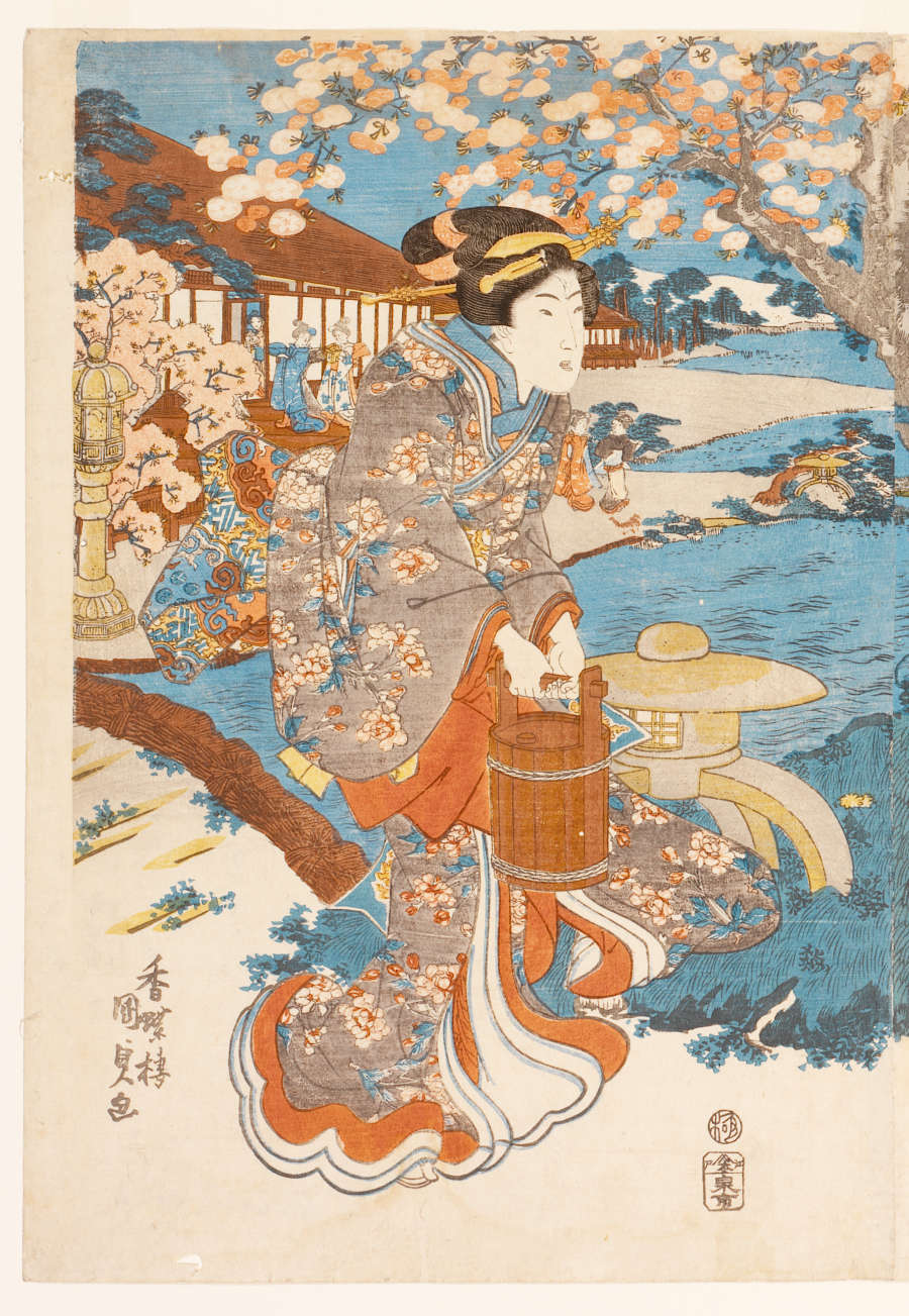 A multicolor woodblock print of a blue-robed woman carrying a round black food box. The title is in the upper right.