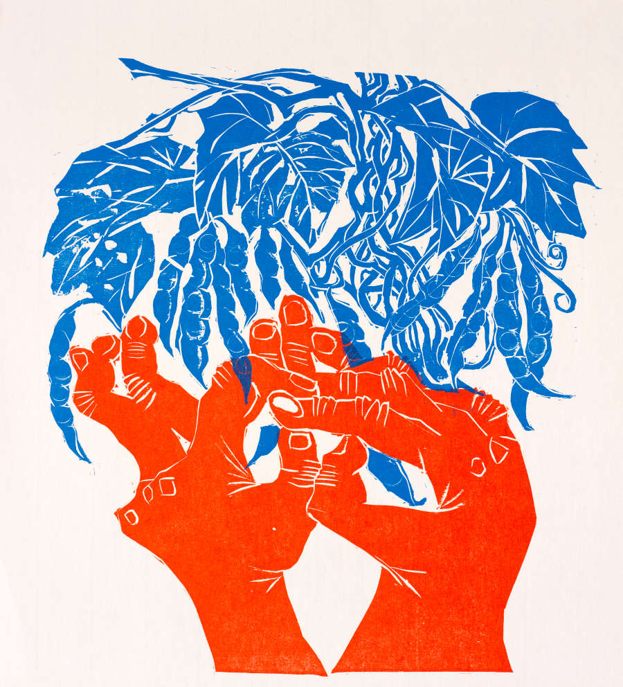 Print of an orange set of disjointed hands intertwine over a blue snap pea tree with jagged and sharp foliage. In between the two hands are three finger fragments.