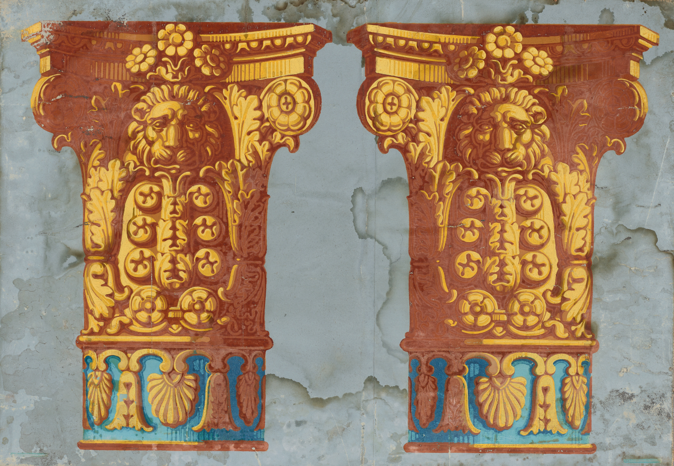 Wallpaper fragment featuring two vivid golden-yellow Corinthian columns adorned with lion heads, acanthus leaves, and florals with a teal stripe lining the base. The backdrop is gray and water stained.