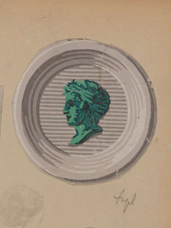 A circular emblem with a green profile portrait of a man, surrounded by gray ridges and a striped background.