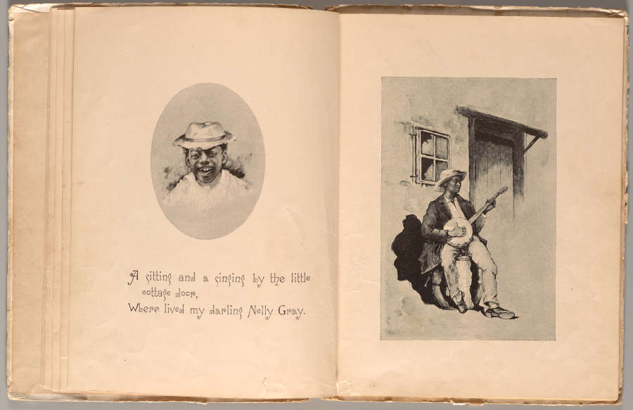 An aged open book with a small portrait and a poetic verse on the left page and a larger illustration of a man playing a banjo on the right.