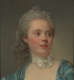 A portrait of a young woman gazing to the right edge, with powdered curls, a pearl hairpiece, a pale blue gown, and a delicate white neck bow.