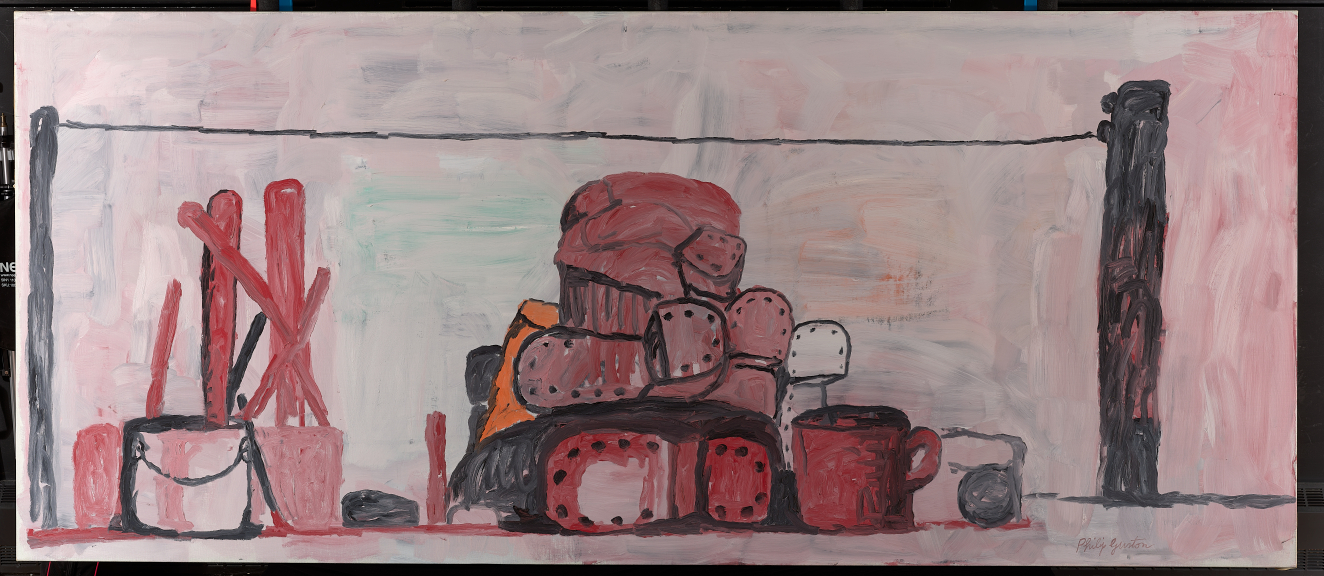 A gestural painting of layered pink and red shoes surrounded by buckets of sticks and cups, placed before a pale red-gray backdrop crossed by a thin top line and poles.