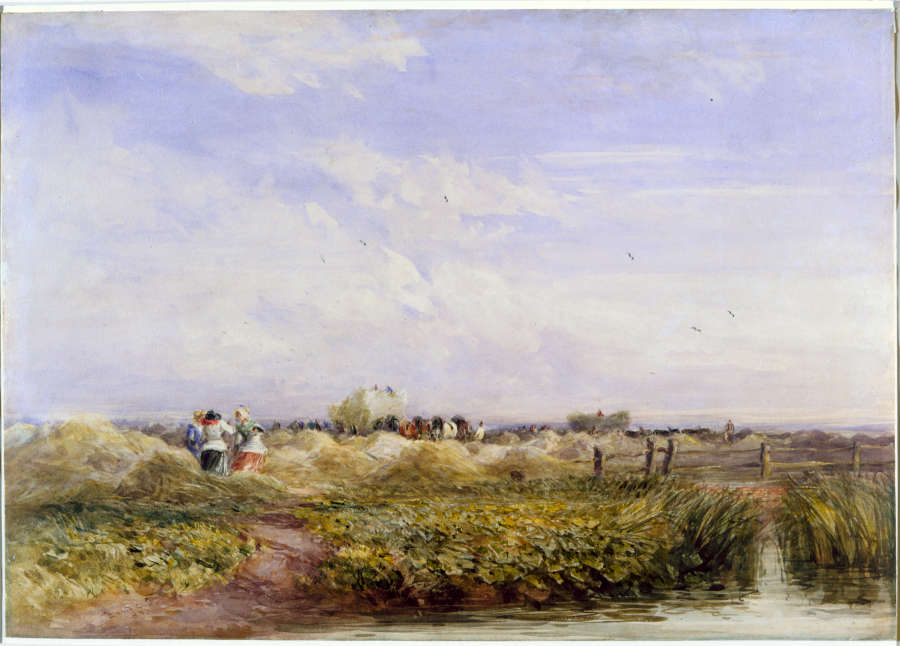 A loosely brushed watercolor landscape painting of a breezy green field of hay and a cloudy but bright blue sky. In the midground, peasants and horses work the hayfields.