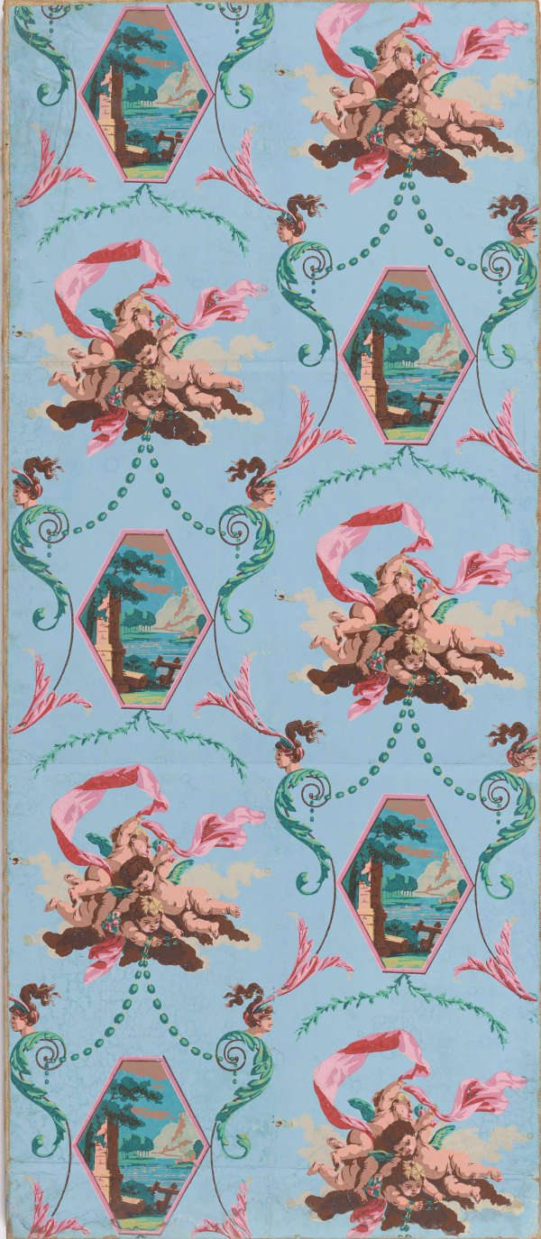 Light blue wallpaper with alternating, repeating motifs of hexagon framed landscapes and a group of laying babies wrapped around pink ribbon, and holding teal marbles that surround the framed landscapes.