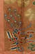 Close-up of a red, green, blue, and gold detailed embroidery of a mythical, peacock-like bird surrounded by gold disks and colorful, decorative clouds stitched on an orange silk background. 