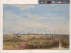 A loosely brushed watercolor landscape painting of a breezy green field of hay and a cloudy but bright blue sky. In the midground, peasants and horses work the hayfields.