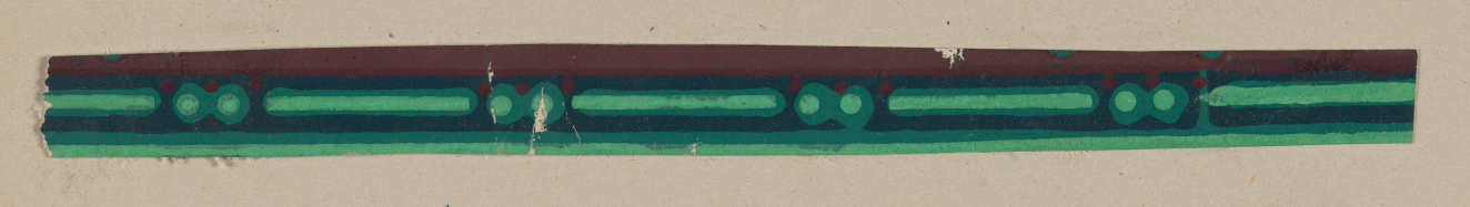 Thin horizontal strip on a neutral background in green featuring geometric shaded cylindrical shapes and conjoined circle motifs with a brown stripe above.