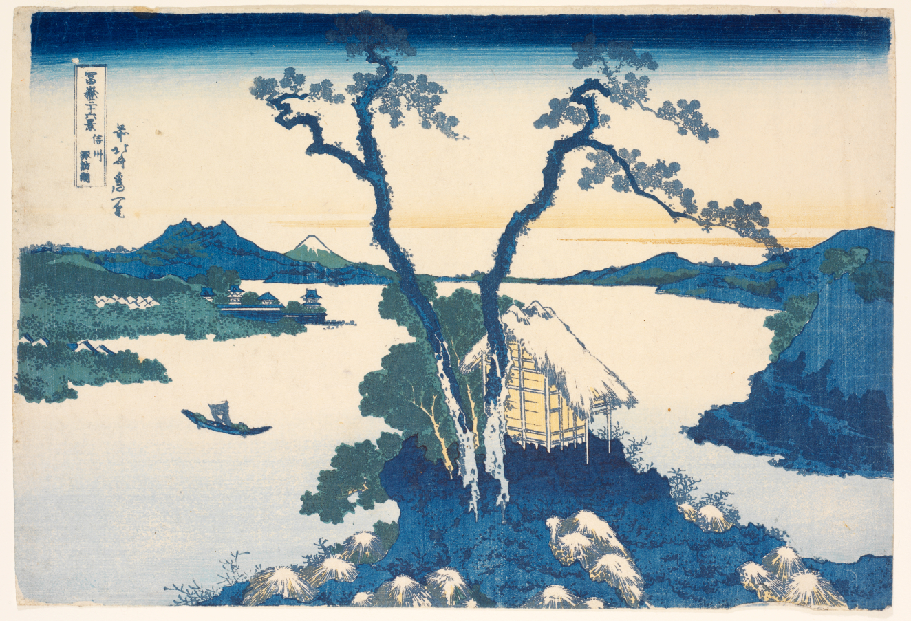 A landscape in cool blue tones with two trees in the center foreground, arching away from each other with a river and mountain landscape in the background.