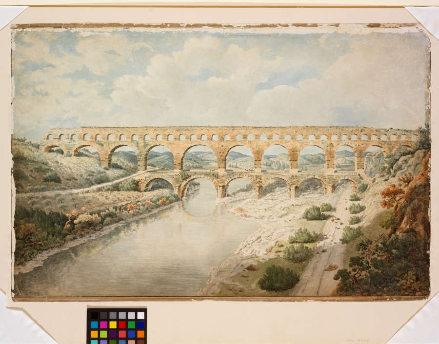 A brown ink and watercolor painting of aqueducts spanning a river in Nimes, France. The river bluff stretches towards the back of the drawing, where it meets the cloud-filled sky.