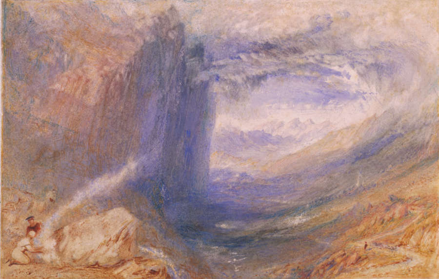 A moody watercolor of the Scottish Highlands. A large blue waterfall and a dramatic sky cast its shadow over the rocky valley. In the foreground are a few figures.
