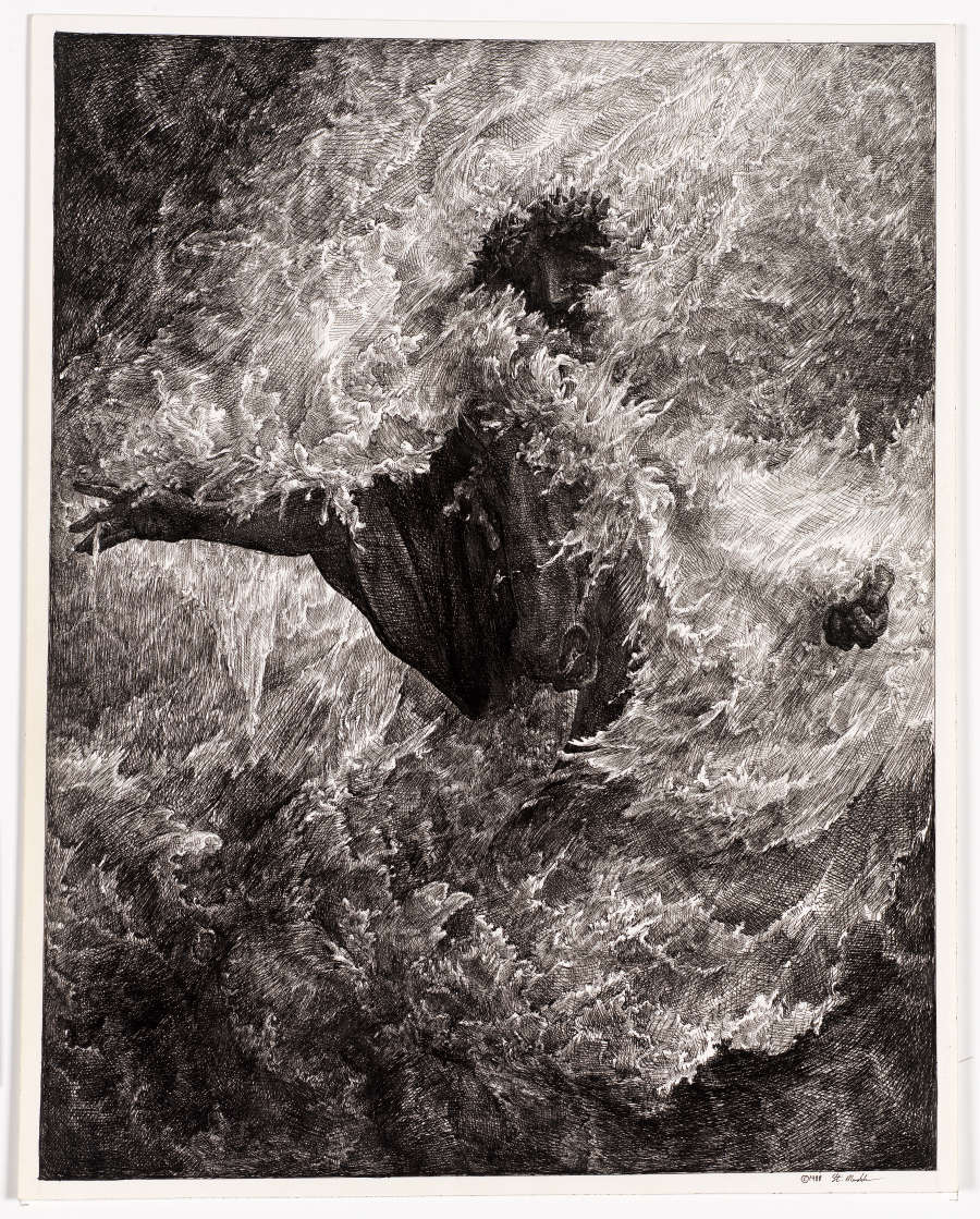 A drawing of a male figure engulfed in surging water or flames. His right hand extends out of the surge, and his mournful expression is barely visible in the tumult.