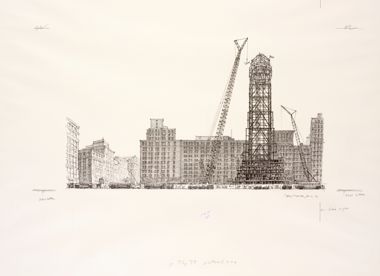 Detailed black-and-white ink illustration depicting a cityscape with tall, partially complete central scaffolded tower surrounded by construction cranes and shorter buildings. 