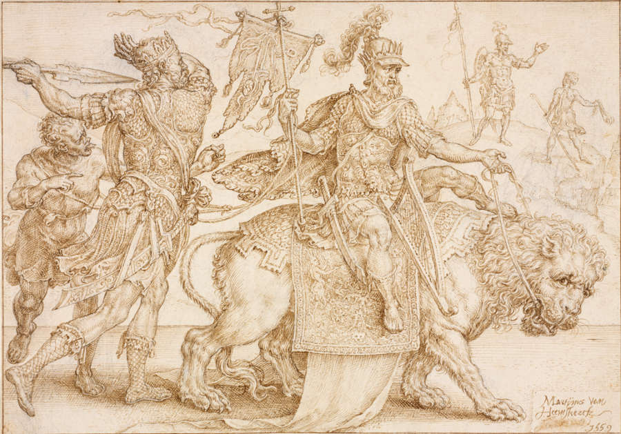 A pen and ink drawing of King David riding a lion in profile. David seems oblivious to King Samuel behind him, who is poised to ambush him with a spear.