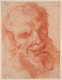 Red chalk drawing of a smiling satyr’s head with delicate marks throughout and vigorous crosshatching at the chest. He has pointed ears and curly hair and beard.