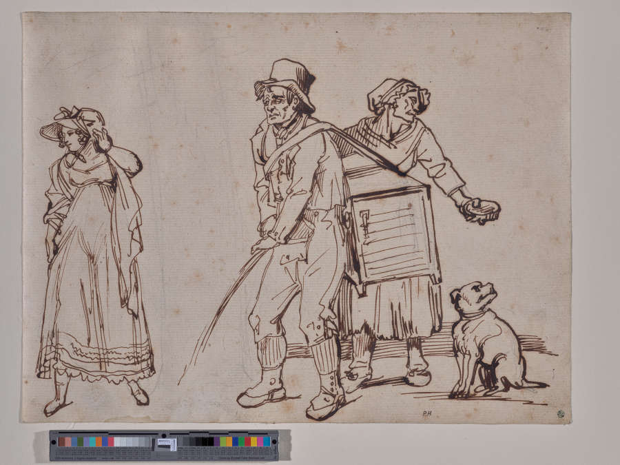 A pen and ink drawing of a young, elegant woman averting her gaze from an organ grinder peeing in the street beside a ragged, older woman in feeds a dog.