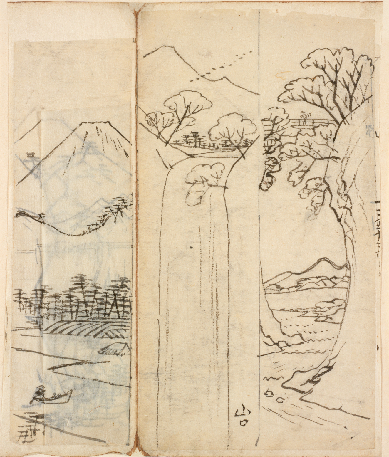 Preliminary drawings of panoramic landscapes, including Mount Fuji, a waterfall, and blossoming trees, rendered in thin linework across three vertical divisions.