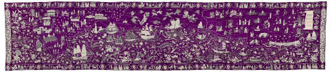 Long purple textile embroidered in white thread with narrative scenes of ships sailing across seas filled with sea creatures, surrounded by a bustling coastal port, and bordered with floral patterns. 