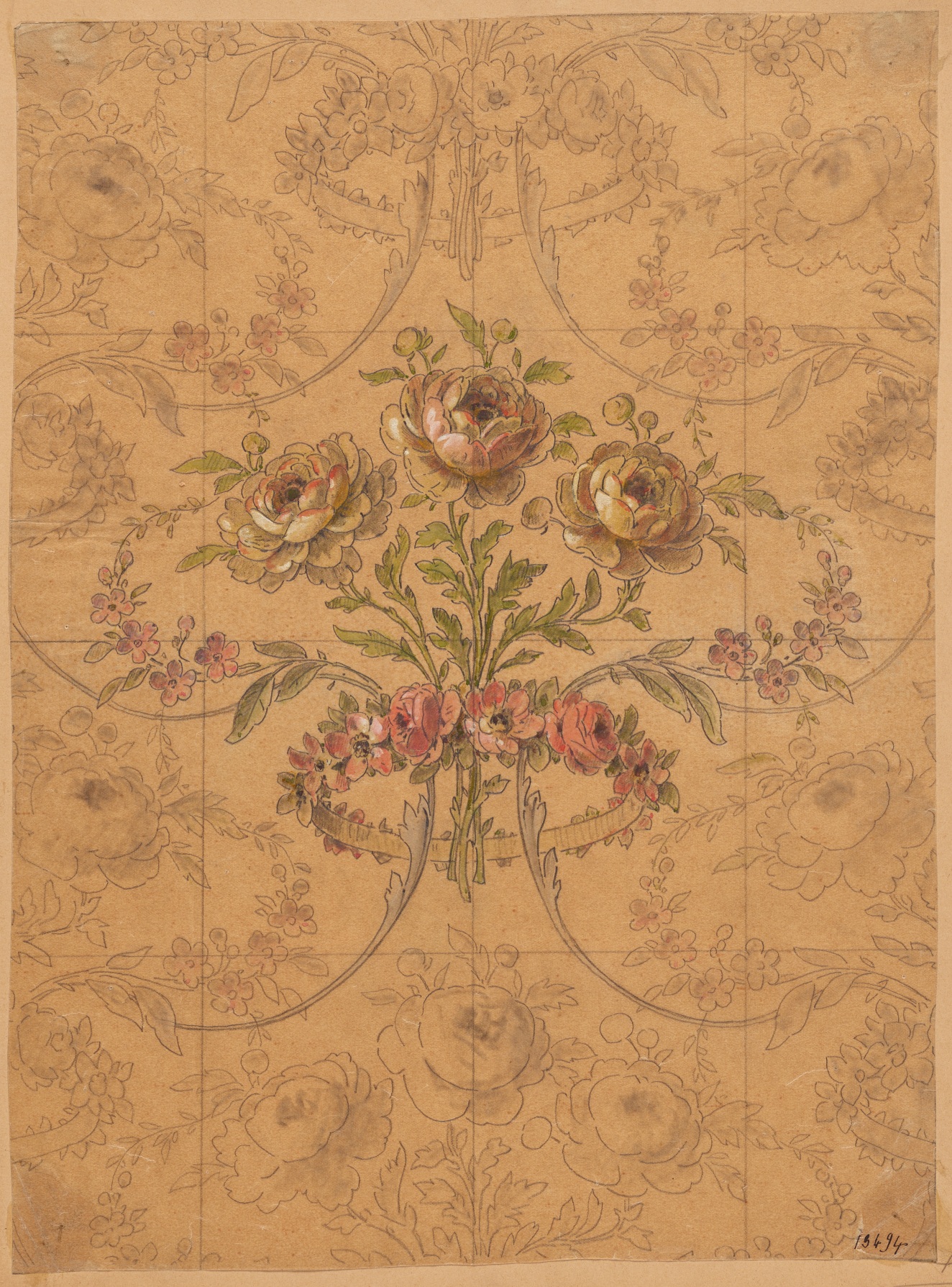 Ornate floral design in pink and green surrounded by intricate graphite floral designs on aged paper.