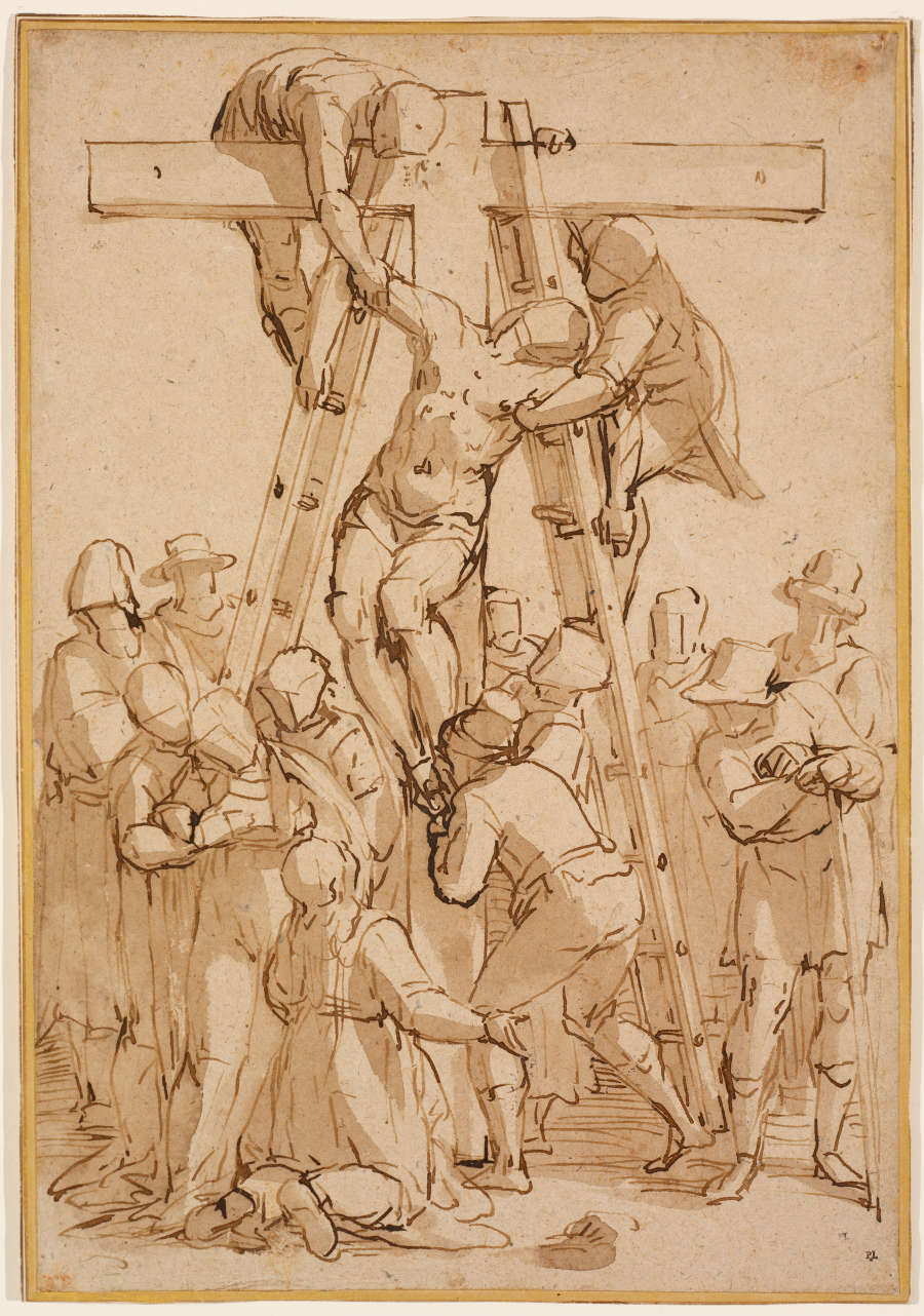 A pen and ink with brown wash gestural drawing of Christ’s body being taken down from the Cross by his followers and Mary. The faceless figures create a pyramid form.