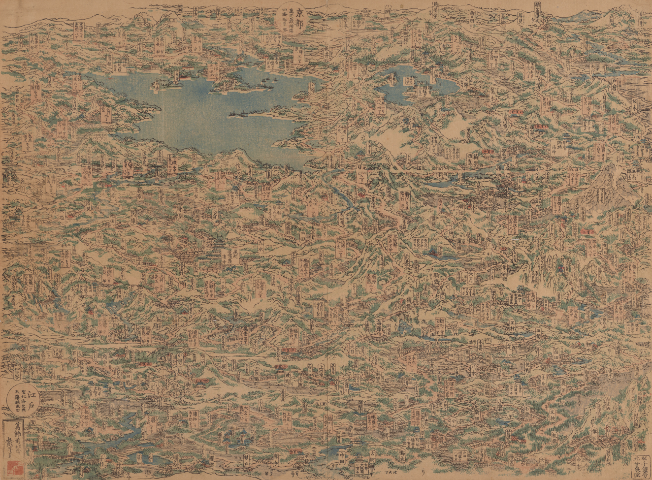 A densely illustrated historic map depicting interconnected regions with mountains, lakes, towns, and intricate architectural details in muted earth tones and blues.