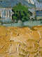 Close view of a painting’s heavy and expressive brushstrokes forming a golden wheat field before a pale blue house and a dark green tree rising just beyond the field’s edge.