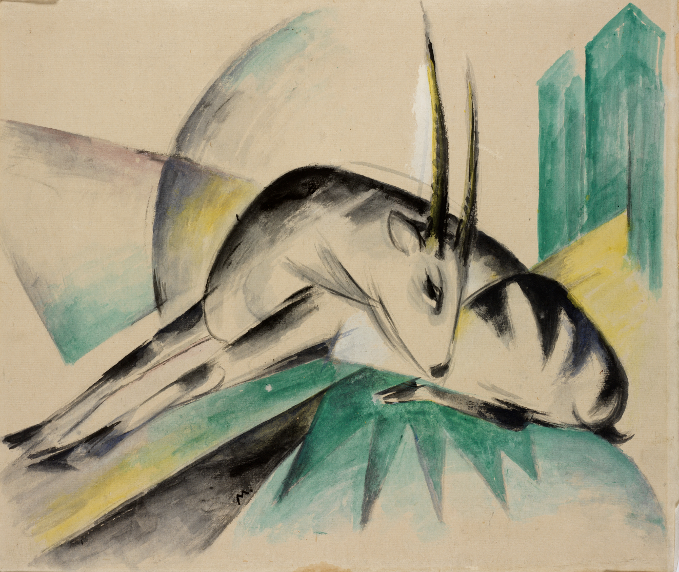 An abstracted representation of an antelope, constructed of multiple expressive black and white brushstrokes. It rests upon a geometric surface of yellow, blue, and green.