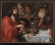 An oil painting depicting Jesus with a glowing halo and wearing a red robe seated at a table breaking bread with three other figures who are watching him intently.