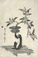 A monkey holding up a potted branch heavy with leaves and small fruits with one hand while seated on a wooden platform in monochrome black and white. 
